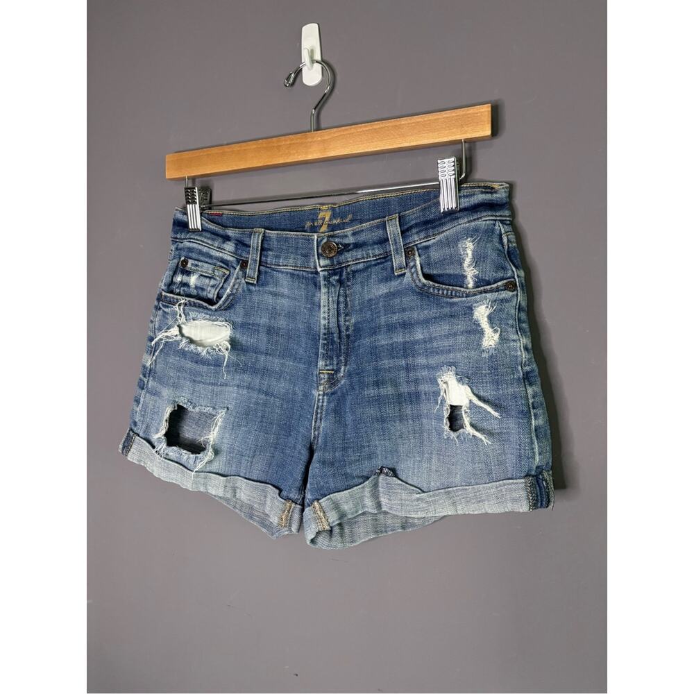 7 For All Mankind Low Rise Cuffed Distressed Denim Shorts Size 25 - Picture 2 of 6